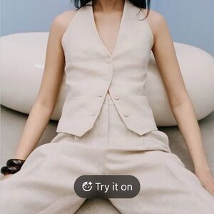 MNG high waisted, beige, pleated pants Cream Jumpsuit